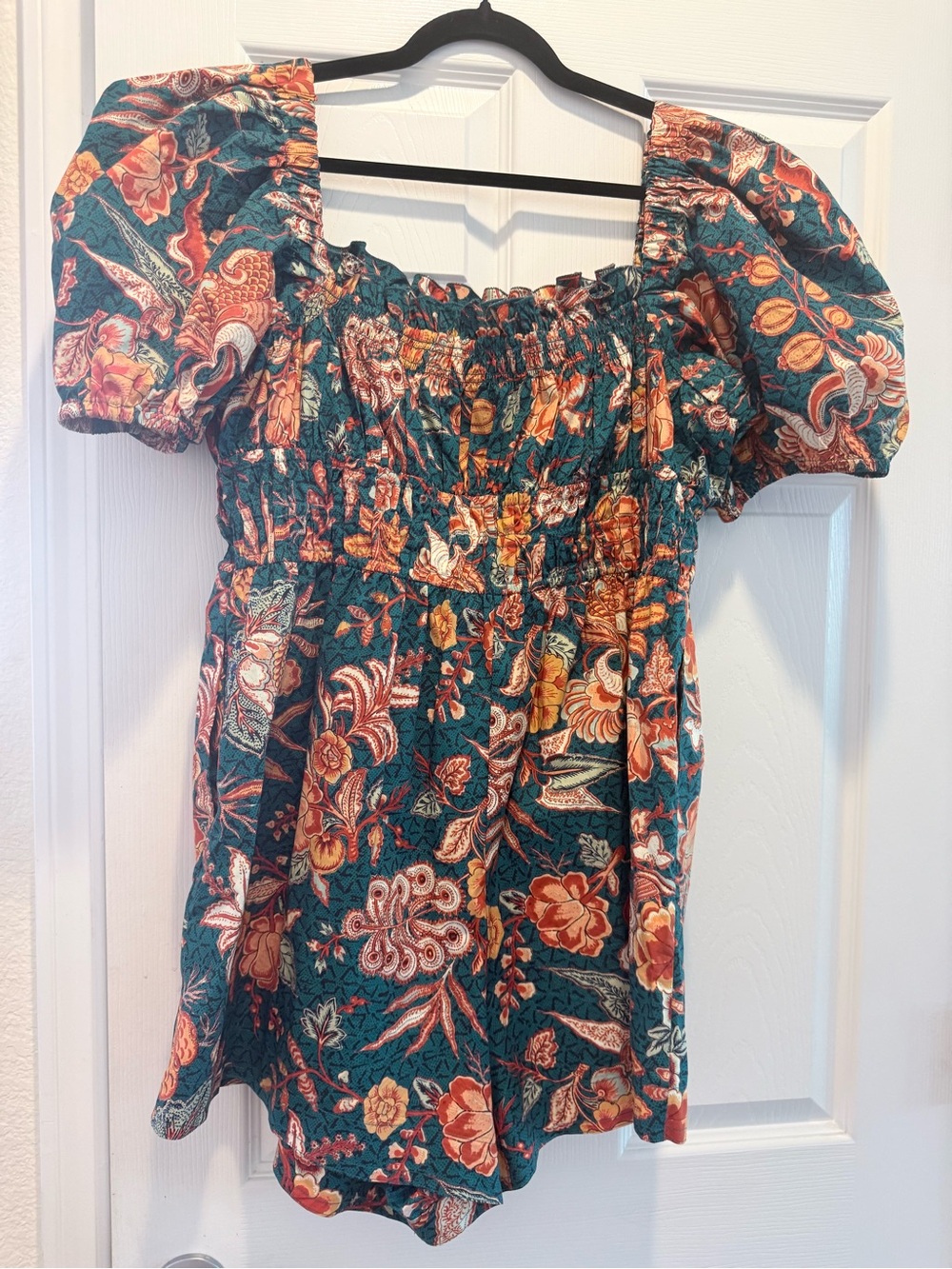 Ulla Johnson Teal Floral Puff-Sleeve Smocked Romper - Picture 5 of 5